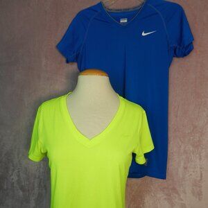 Nike Bundle (2) Womens Dri Fit Blue And Yellow V Neck Short Sleeve Shirts Size M